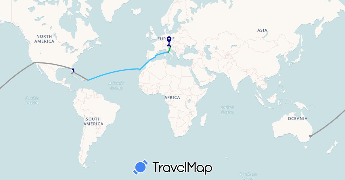 TravelMap itinerary: driving, bus, plane, train, boat in Austria, Australia, Germany, Spain, Gibraltar, Italy, Puerto Rico, Slovenia, United States (Europe, North America, Oceania)